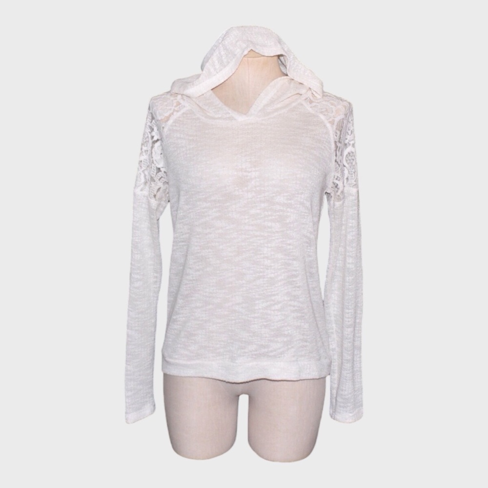 Eyeshadow Semi Sheer Slub Knit Lace Hooded Top